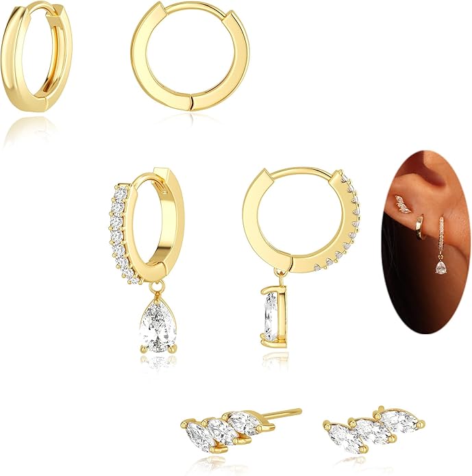 Freekiss 3 Pairs Gold Hoop Earrings Set: Dainty Stud Earrings Trendy Small 14K Gold Plated Hypoallergenic Dangle Cartilage Huggie Hoop Earrings for Women Gold Jewelry for Women Gifts