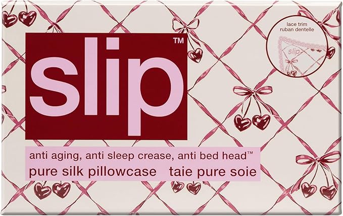 slip Queen Silk Pillowcase – Sweet Cherry Limited Edition with Lace Trim – 100% Pure Mulberry Slipsilk™ – Anti-Frizz, Anti-Crease, Anti-BedHead