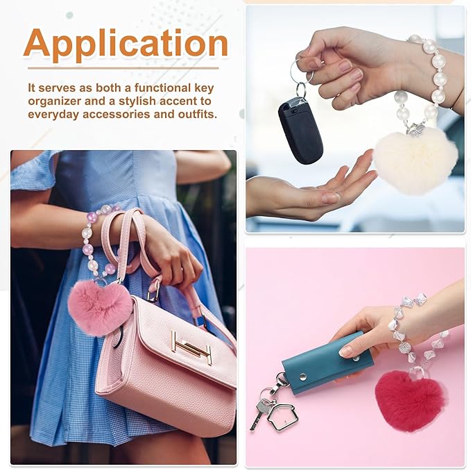 uxcell Heart Plush Keychain, Beaded Rabbit Hair Fur Pom Bag Charm Cute for Car Keyring, Bag Decorations, Handbag Buckle