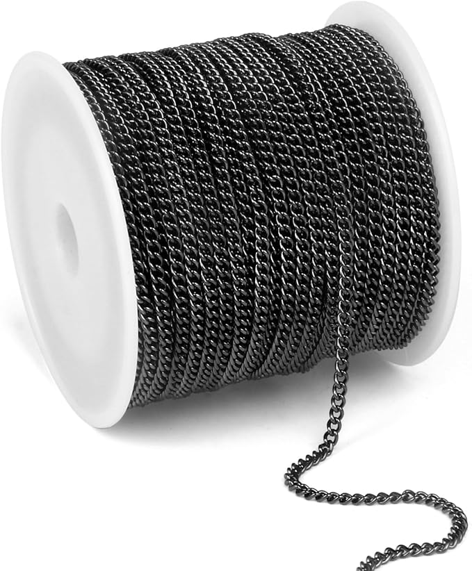 66FT Gunmetal Stainless Steel Curb Chains Roll, 2mm 304 Stainless Steel Black Flat Twisted Links Curb Chains Bulk Spool for Jewelry Making DIY Craft