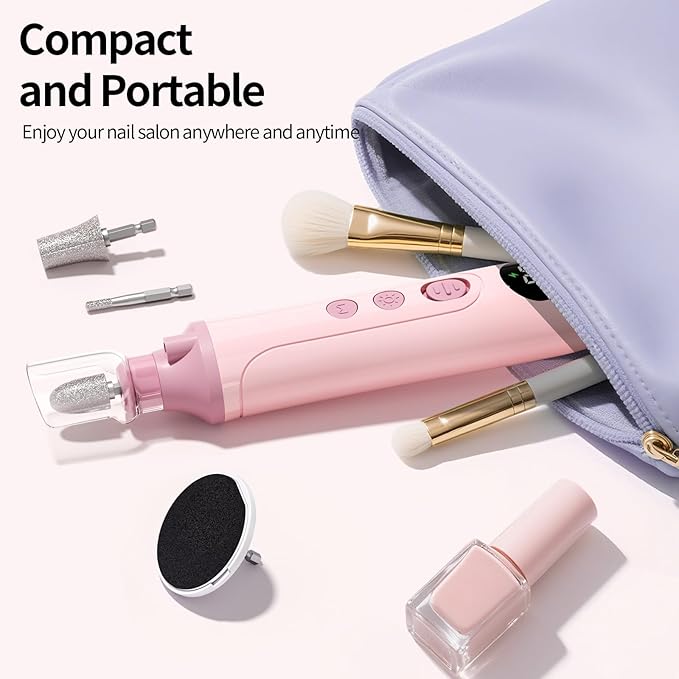 Ccigedy Professional Manicure Pedicure Electric Nail File for Thick Nails Hand Feet Care,Cordless Toenail Grinder 15 Speed,Nail Drill with LCD Screen,Ideal Valentine's Day Gift for Women/Men-Pink