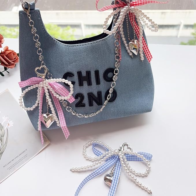 Pearl Bow Keychain Cute Y2k Lace Bowknot Keychain Coquette Aesthetic Accessories Bag Purse Handbag Backpack Charm