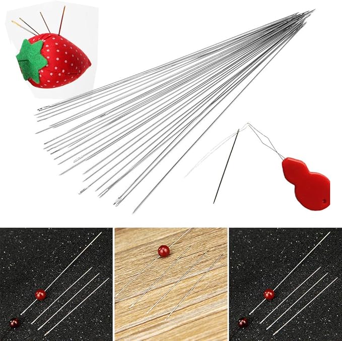 Extra Fine Thin Beading Embroidery Needles 40 Pcs - Long Straight Jewelry Making Needles with Threaders and Sewing Pin Cushion