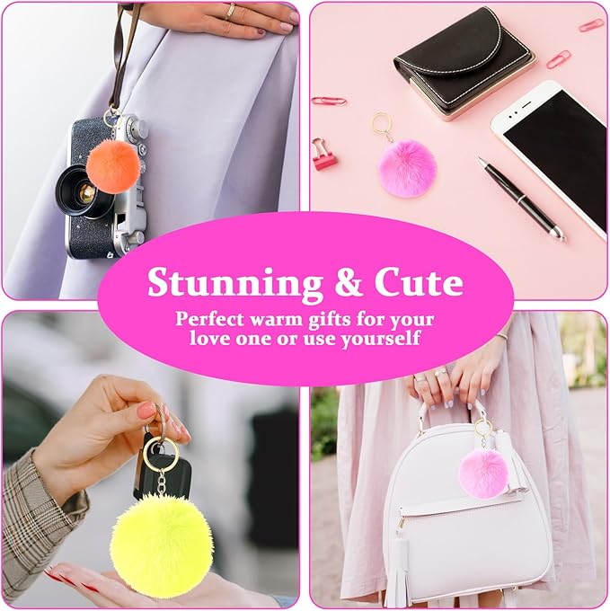 60 Pcs Colorful Pom Poms Keychains Fluffy Ball Bag Keychain Faux Fur Keyring Christmas Party Gifts Bulk Pink Backpack Charms Accessory for Women for Handbag Tote Bag Pendant Purse