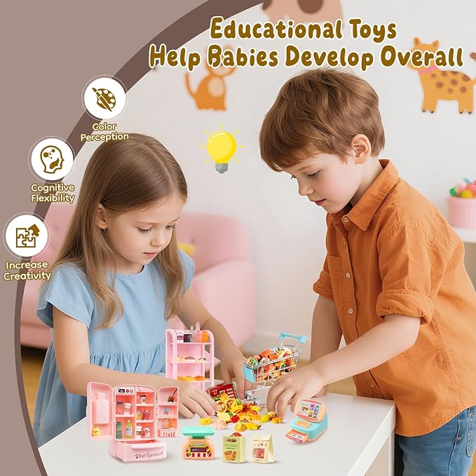 180 Pcs Dollhouse Miniature Kitchen Accessories Shopping Cart Basket Mini Food Drinks Dollhouse Store Grocery Supermarket Metal Handcart Party Model Shelves Cash Register Refrigerator
