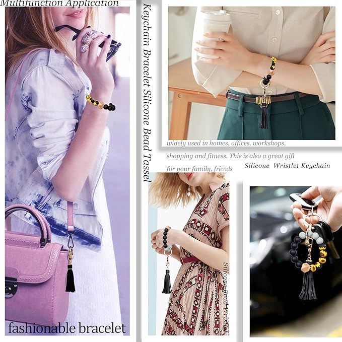 BIHRTC Key Ring Bracelet Car Keychain Holder Wristlet Silicone Women Beaded Bangle Chains