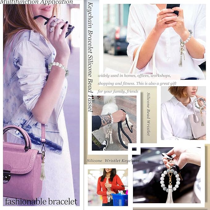 BIHRTC Key Ring Bracelet Car Keychain Holder Wristlet Silicone Women Beaded Bangle Chains