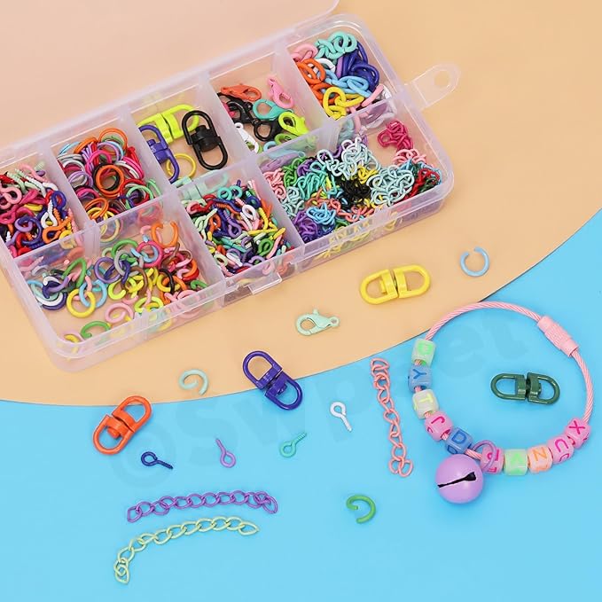 Swpeet 415Pcs Mixed Colors DIY Jewelry Accessories Assortment Kit, Including Lobster Claw Clasp, Swivel Eye Ring, Key Ring, Open Jump Ring, Eye Screw, and Extender Chain for Jewelry Making DIY Craft
