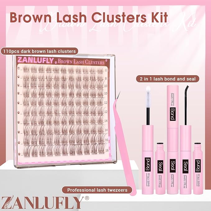 Brown Lash Clusters Kit Natural Dark Brown Eyelash Clusters Wispy Lash Extension Kit Brown Cluster Eyelash Extensions Kit 8-16MM DIY Individual Lashes with Lash Bond and Seal Tweezers by ZANLUFLY