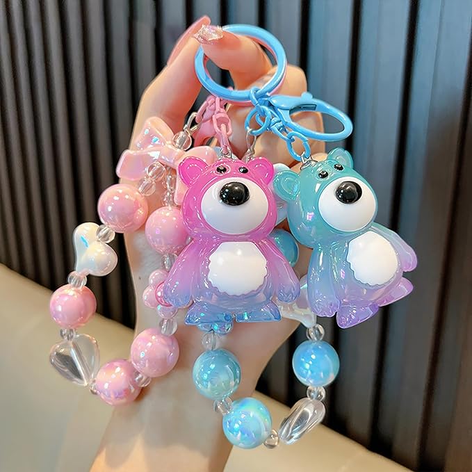 Bear Keychain For Women, Acrylic Bow Heart Flower Beaded Wristlet Gradient Color Colorful Gift Accessories