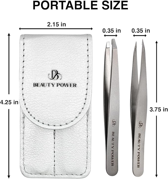 Beauty Power Professional Tweezers Set – Slant & Point, Ultra Precision German Stainless Steel Tweezers for Eyebrows, Chin, Ingrown Hair & Facial Grooming – Lightweight with Travel Case (Matte Grey)