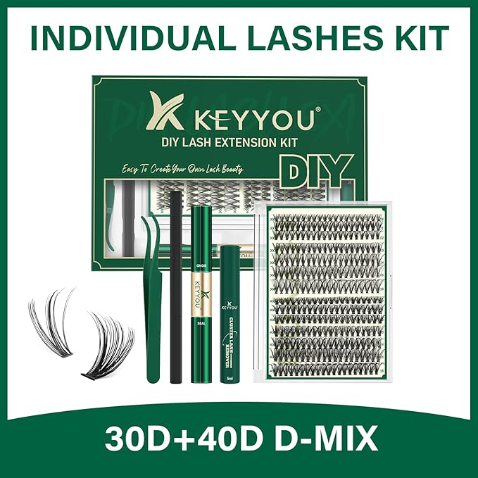 KEYYOU Lash Extension Kit DIY 280Pcs Lash Clusters Eyelash Extension Kit 30D40D,D Curl 9-18MIX Lash Clusters Kit with Lash Glue Remover Applicator Easy to Use for Beginners(Kit,30D40D-D,9-18MIX)
