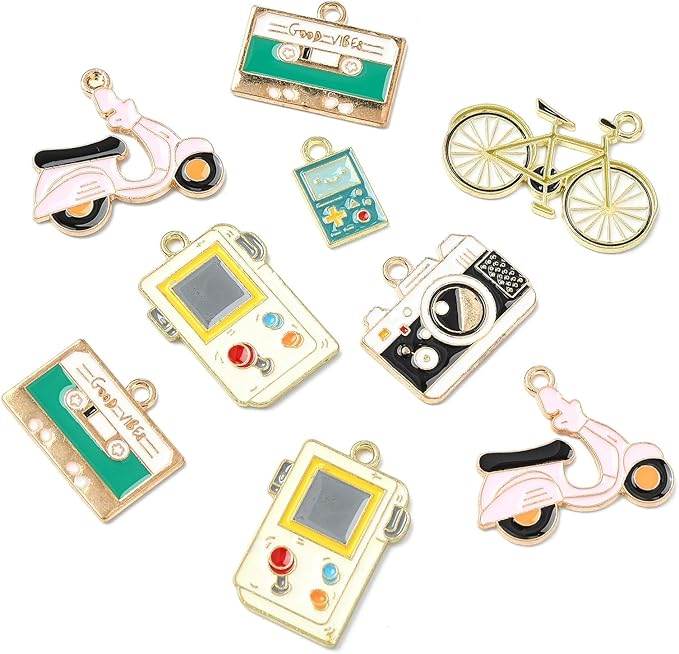 Stiesy 30 Pcs 3 Styles Enamel Vintage Charms Retro Bicycle Motorbike Camera Game Machine Metal Charm Bulk for Jewelry Making Crafts Bracelets Necklace Earring DIY Presents