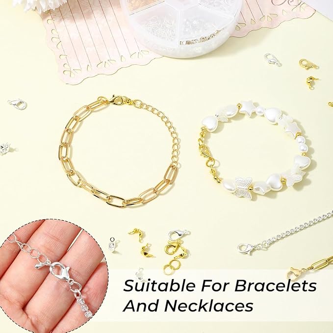 460 Pcs Bracelet Clasps and Closures Lobster Claw Clasps for Keychains Bead Tips Knot Covers Guage Open Jump Ring Brooch Necklace Bracelet DIY Set for Jewelry Making Supplies Bracelets (Gold, Silver)