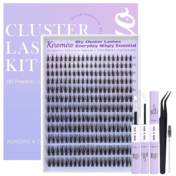 Kiromiro Wispy Lash Clusters Kit 10-20mm Cluster Eyelash Extensions DIY Lash Extension Kit 240pcs Natural Cluster Lashes Kit C Curl Cluster Eyelashes with Bond and Seal & Tweezers