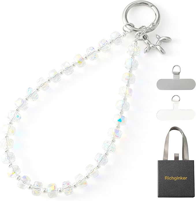 Crystal Phone Wrist Strap Phone Charm Chain Keychain Beaded Cellphone Lanyard with Tether Tab Hands-Free Wristlet Bracelet Wrist Grip Strap for Women, W-Crystal AB