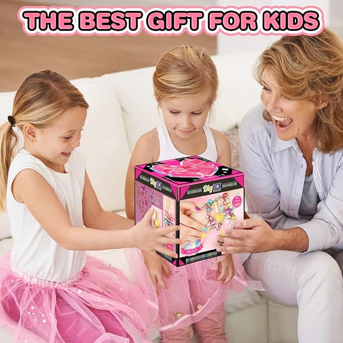DIY Jewelry Making Kit for Girls, Pink Storage Box with Beads, Bracelets, Nail Polish, Craft Set with Dress Up Accessories, Ages 5-12