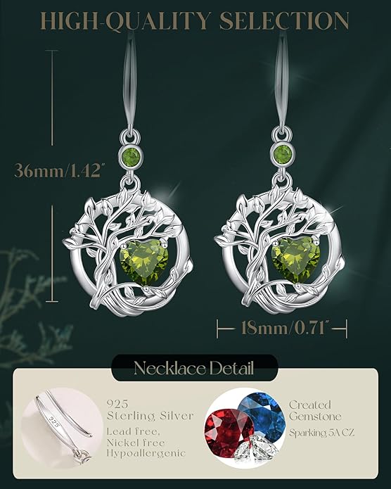 FANCIME Tree of Life Dangle Drop Earrings 925 Sterling Silver Dainty Round Gemstone Birthstone Earring Fine Jewelry Birthday Christmas Gifts for Her Women
