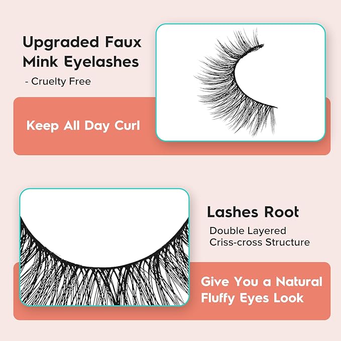 Siligli Cat Eye Lashes - Natural 15mm Wispy False Eyelashes, Thin Band, 3D Volume, Curly, 7 Pair Pack