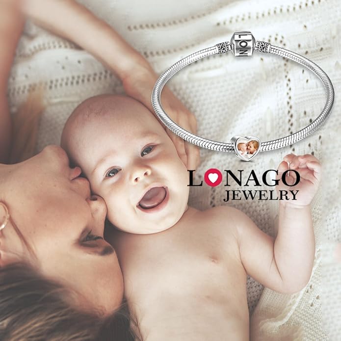 LONAGO 925 Sterling Silver Personalized Photo Charm Fit Compatible for Bracelet Necklace Customized Heart Round Shape Picture Bead