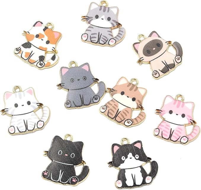Stiesy 45 Pcs 9 Colors Enamel Cat Charms for Jewelry Making Kawaii Printed Kitten Animal Bracelet Charms for Jewelry Making Crafts DIY Necklace Earring