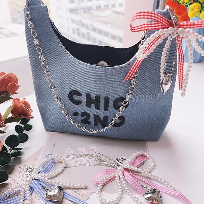 Pearl Bow Keychain Cute Y2k Lace Bowknot Keychain Coquette Aesthetic Accessories Bag Purse Handbag Backpack Charm
