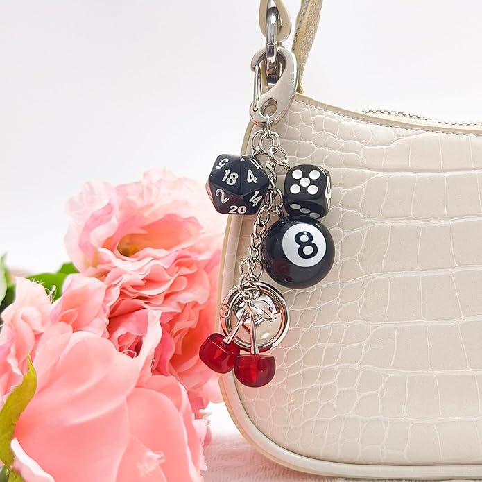 Y2K Keychain for Women, 8 Ball Dice Charm with Carabiner Clip - Cute Goth Core Keychain Bag Charm for Keys Bags Jeans