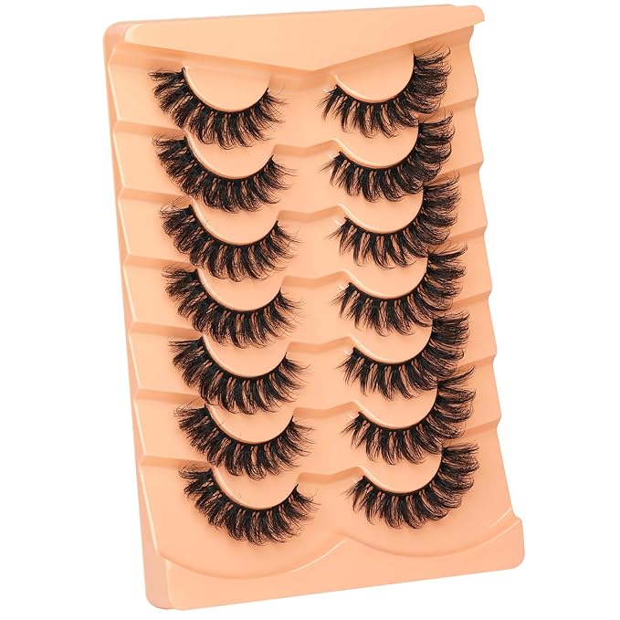Kiromiro Lashes Mink False Eyelashes D Curl Fake Lashes Volume Cat Eye Lash Fluffy Wispy Lashes 18mm Thick Strip Eyelashes Pack, 7 Pairs