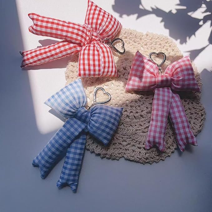 Pink Bow Keychain Bag Charms Y2K Bowknot Plaid Keychains Coquette Aesthetic Purse Handbag Backpacks Charms
