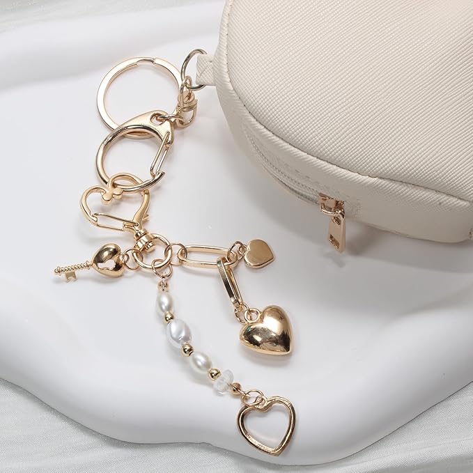 Pearl Beaded Keychain Charms, Cute Purse Charms for Handbags, Gold Starfish Keyring for Women, Heart Star Moon Shell