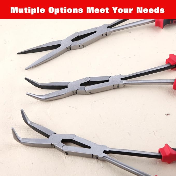 Long Reach 90 Degree Bent Nose Pliers 13-Inch Dual Pivot Double Joint Serrated Jaw Angled Needle Nose Extra Extended for Narrow Spaces and Limited Areas