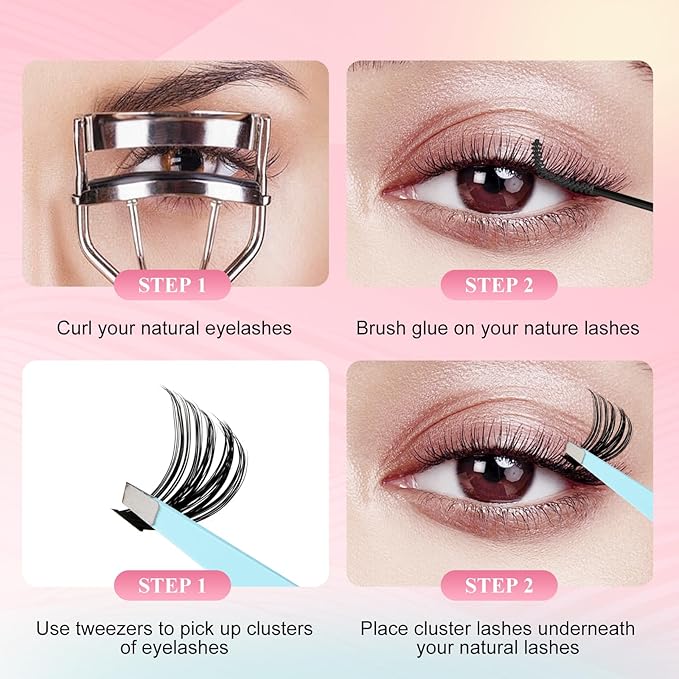 GEMERRY Lash Clusters Kit 565Pcs Eyelash Extensions Kit Individual Lashes D Curl Fluffy Wispy False Eyelashes with Lash Bond and Seal and Tweezers(30D+40D+50D+60D+80D+100D, 8-16mm)