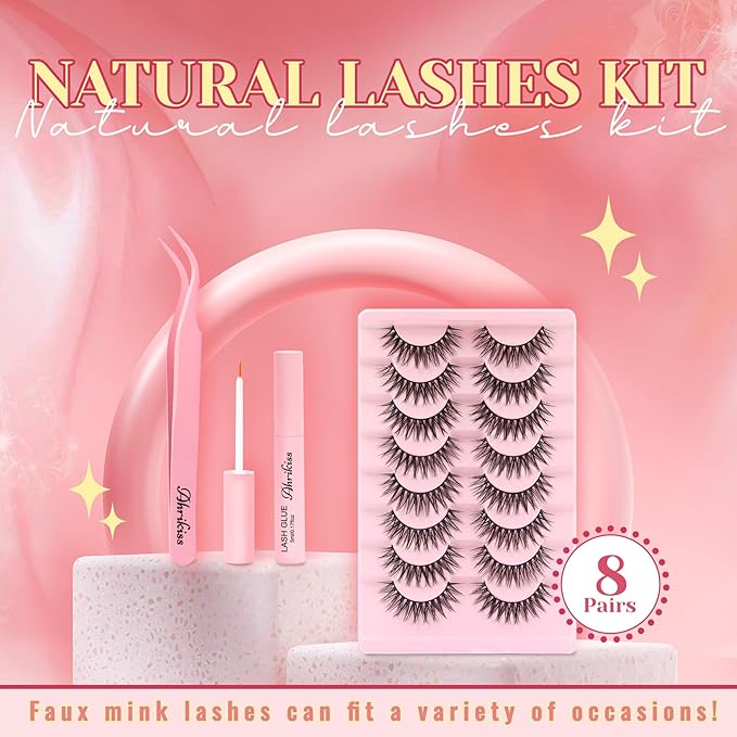 Ahrikiss Lashes Wispy False Eyelashes Natural Look 8 Pairs Faux Mink Lashes Kit with Lash Glue and Lash Tweezers Soft Lightweight Fake Lashes (Charm)