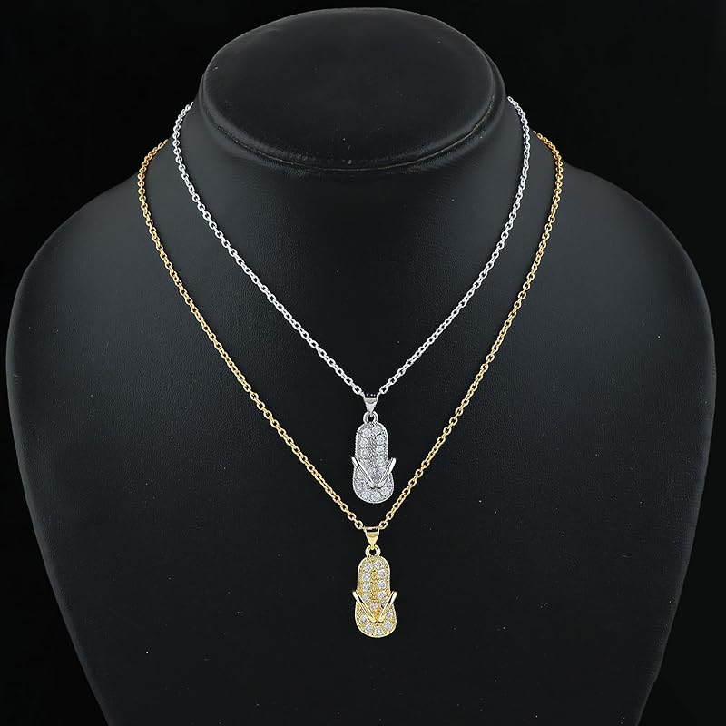 JOR Sleeper Charm Pendant Necklace, CZ, Men & Women Unisex Jewelry, Dainty Gold & Silver Plated Combo Chain 18 inch (Pack of 2)