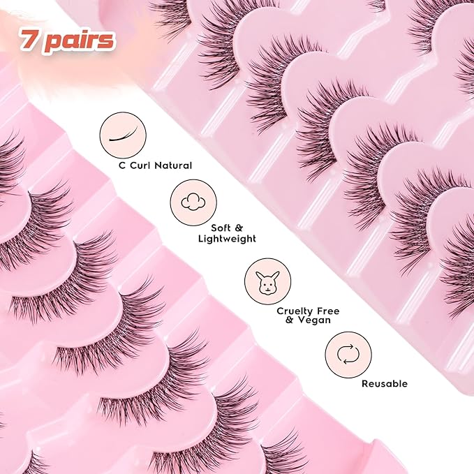 Natural Lashes 14MM Fake Eyelashes Cat Eye Lashes with 0.03MM Thin Band Soft Eyelashes Pack Siligli False Lash Strips 7 Pairs