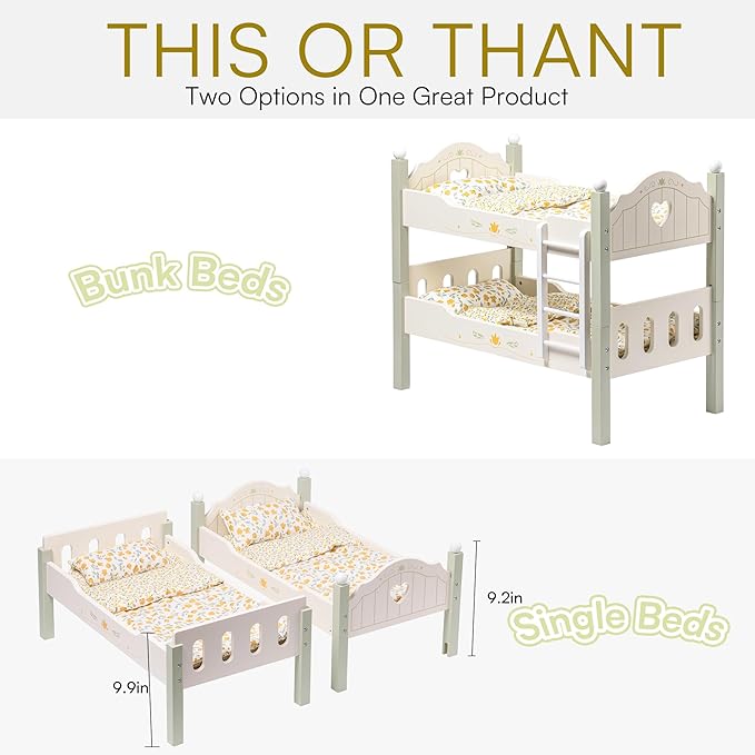 ROBOTIME Baby Doll Bunk Bed, Wooden Doll Crib for 18 Inch Dolls, American Girl Doll Furniture Toy with Bedding (Green, 2 Pcs Beds)