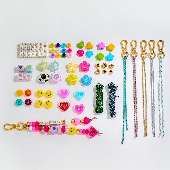HolidayQbee DIY Bead Keychain Making Kit Beads-421PCS Beaded Bag Charm Making Kit Letter Alphabet Name Beads Heart Flower Key Chain Jewelry Accessories Making Kit for Boy Girls Kids Christmas Gifts