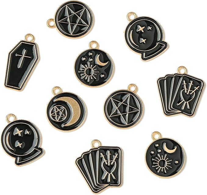 Stiesy 60 Pcs 6 Styles Enamel Black Gold Gothic Tarot Card Divination Card Magic Amulet Metal Charms Bulk for Jewelry Making DIY Necklace Bracelet Earrings Crafts