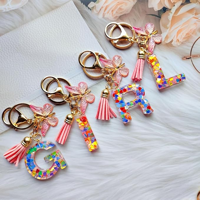Cute Initial Letter Keychains for Women Girls Tassel Butterfly Pink Purple Green Keychain for Backpack School Bag