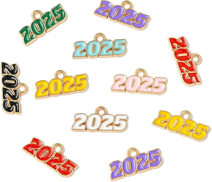 Stiesy 80 Pcs 8 Colors Colorful Enamel 2025 Year CharmsNumber 2025 Letter Graduation Tassels Dangle Charms Bulk for Jewelry Making Crafts DIY Bracelets Necklace Presents