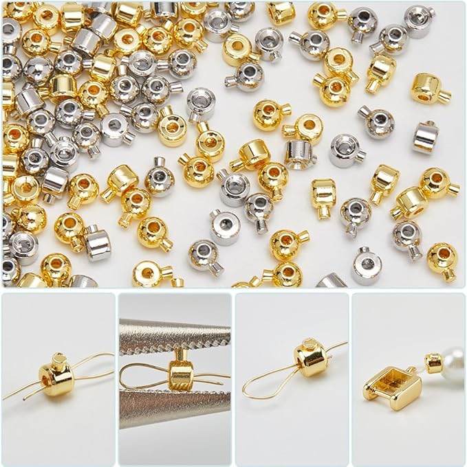 Beebeecraft 1 Box 100Pcs Crimp Beads for Jewelry Making 18K Gold & Platinum Plated Spacer Beads Ball Column Stopper Crimp Charms for Bracelet Necklace Ends Accessories