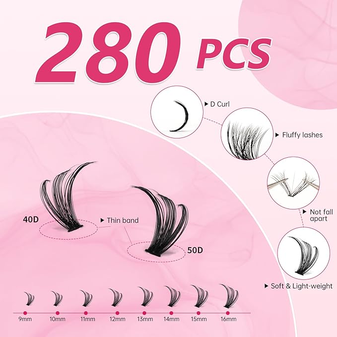URNNE Lash Clusters 40D+50D-16MIX Volume Eyelash Clusters 280 Individual Lashes D Curl Cluster Eyelash Extensions DIY Lash Extension at Home(LD13)