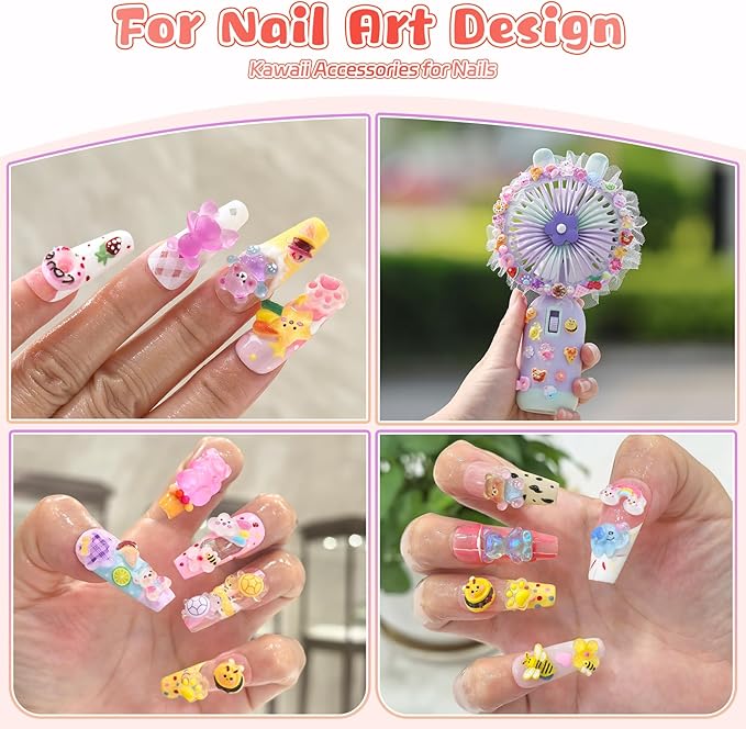 190PCS Animal Nail Charms Kit, 3D Cute Gummy Bear Bee Bunny Resin Charms for Nail Art Design, Kawaii Accessories Bulk with Tweezers for DIY Crafts, Slime, Phone Cases & Crocs