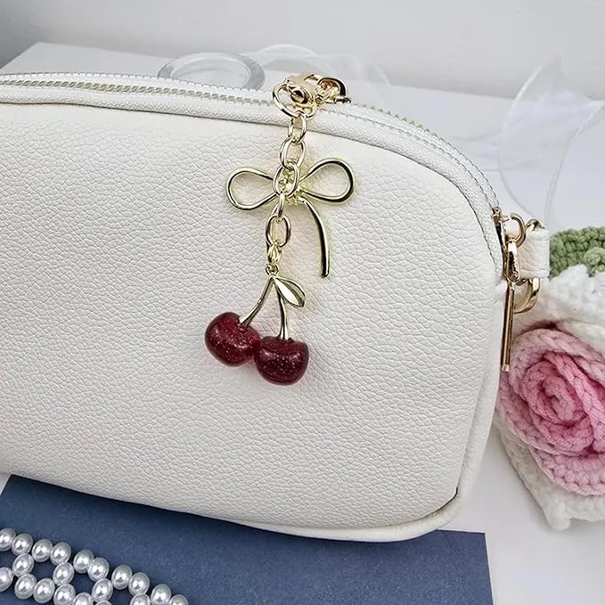 YDF Cherry Keychain Cute Bag Charm Women Leather Keyring Car Keys Gift Mother's Day Birthday Valentine's Purse Accessory