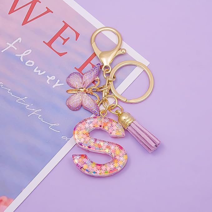 Fashion Alphabet Initial Letter Keychain Tassel Butterfly Pendant Key Ring for Purse Handbags Women Girl