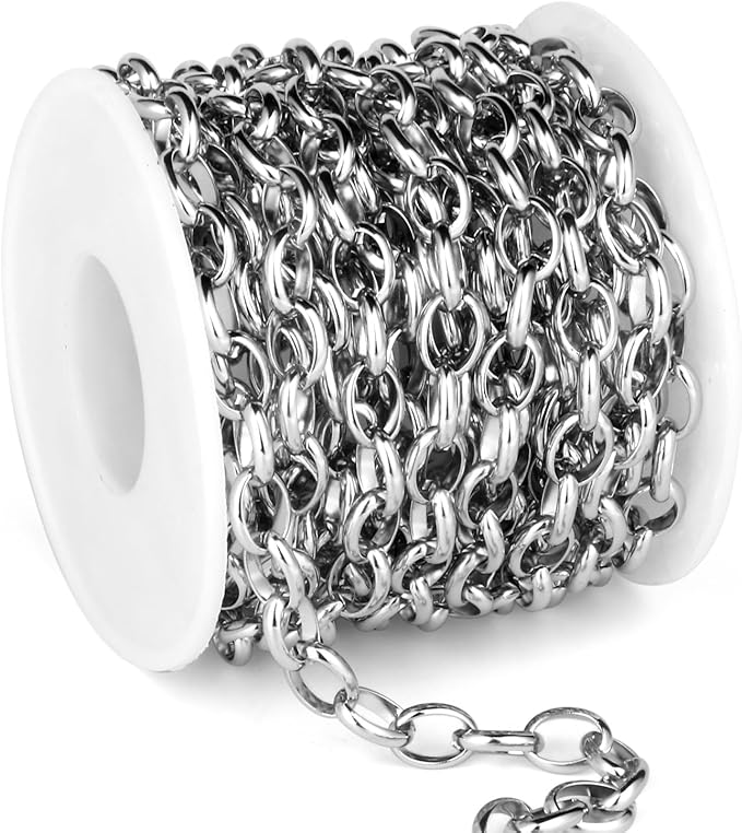 16.5FT Stainless Steel Oval Rolo Chains Roll, 7.5mm Width 304 Stainless Steel Oval Cable Link Chain Bulk Spool for Jewelry Making DIY Craft