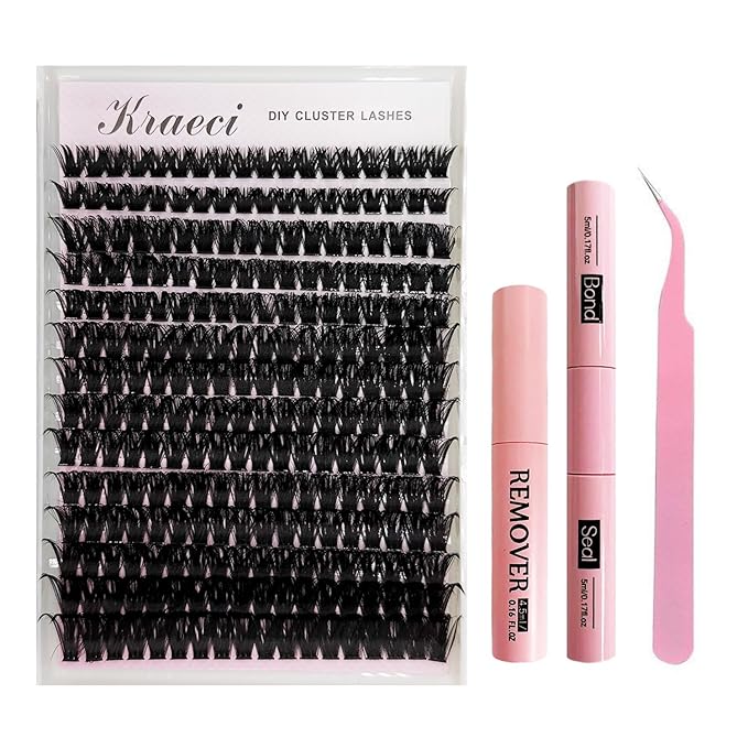Kraeci Lash Extension Kit DIY with Adhesive Remover for Safe Removal, 280 Clusters 10-18mm, 100D Volumes, Bond Glue, Sealant, Tweezers, Home Use Eyelash Starter Kit