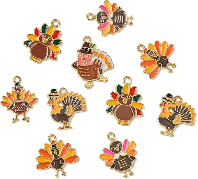 Stiesy 30 Pcs 6 Styles Enamel Assorted Turkey Charms Golden Color Thanksgiving Day Alloy Metal Charms Pendants Bulk for Bracelets Necklace Earring Jewelry Making DIY Craft
