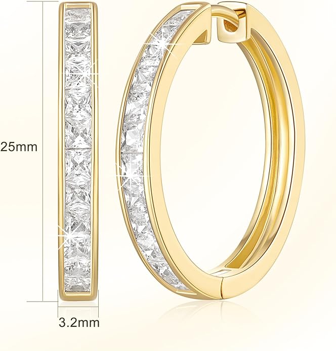 CHLOÉ LOVETT Gold Earrings 14K Gold Hoop Earrings for Women Diamond Hoop Earrings for Womens Earrings Dazzling Square Cubic Zirconia Gold Huggie Hoop Earrings 13mm 25mm