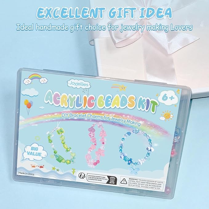 JoyJellies Bracelet Making Kit Assorted Acrylic Beads, 4 Colors Charms Keychain Making Kit with String Key Ring Clips Bow Heart Cute Beads for Bracelets DIY Arts and Crafts Jewelry Making Kits